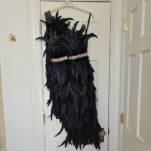 Katana Elegant Black Feather Dress with Embellished Waist